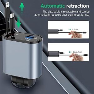 RDG Retractable Car Charger Car Accessories | 4 in 1 Car Charger Fast Charging | Type C & iPhone Car Adapter |120W Super Fast Charging Retractable Cables