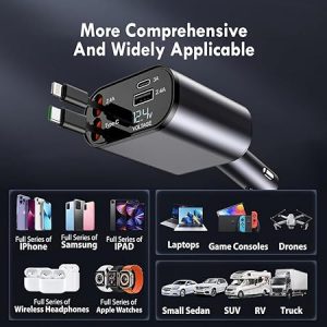 RDG Retractable Car Charger Car Accessories | 4 in 1 Car Charger Fast Charging | Type C & iPhone Car Adapter |120W Super Fast Charging Retractable Cables