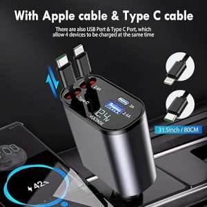 RDG Retractable Car Charger Car Accessories | 4 in 1 Car Charger Fast Charging | Type C & iPhone Car Adapter |120W Super Fast Charging Retractable Cables