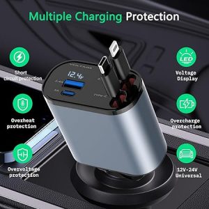 RDG Retractable Car Charger Car Accessories | 4 in 1 Car Charger Fast Charging | Type C & iPhone Car Adapter |120W Super Fast Charging Retractable Cables