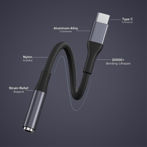 C to 3.5mm Audio Jack Connector |  Braided Cable | Compatible with iPhone 16,15 Series & Other Type C Phones