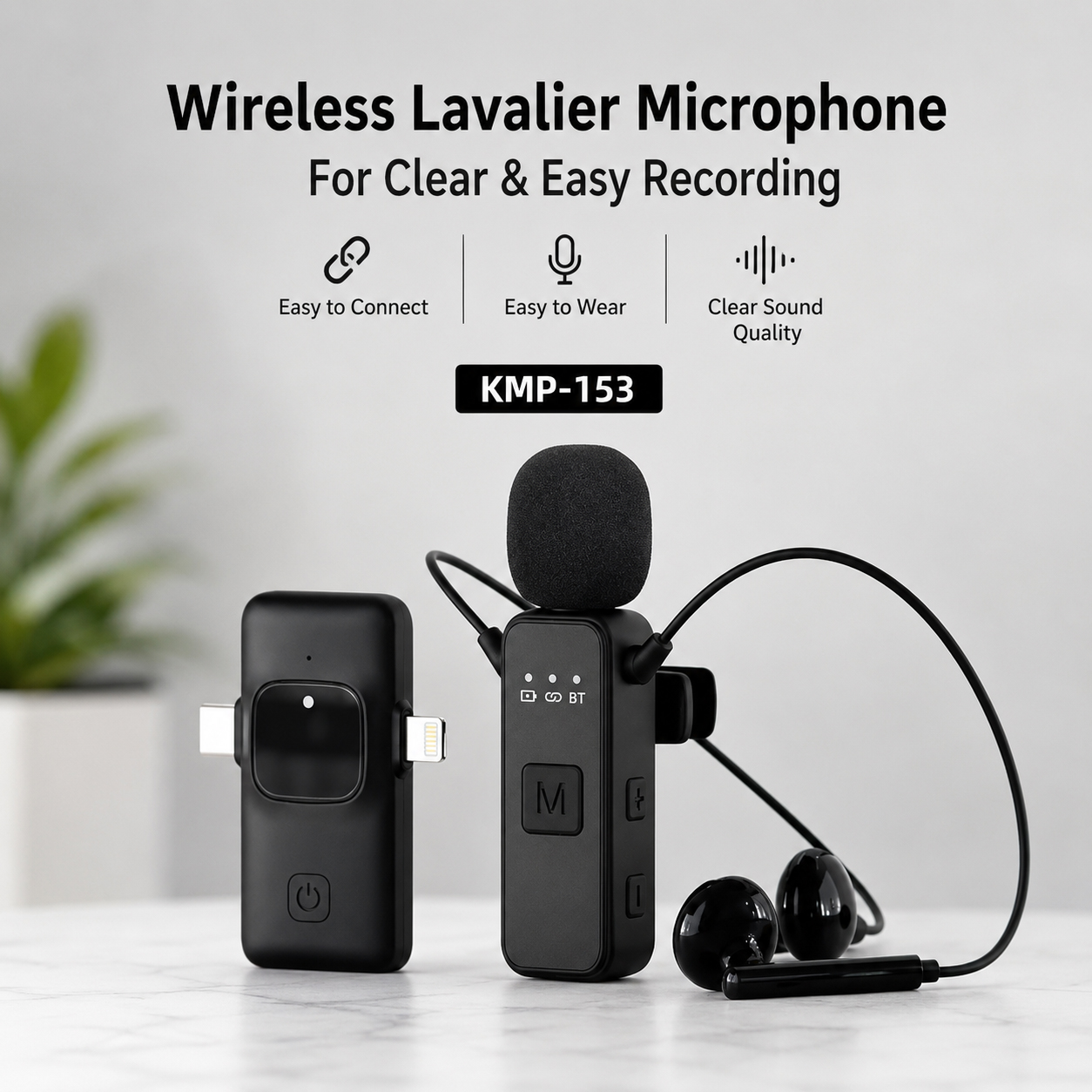 Wireless Lavalier Microphone KMP-153 Noise Reduction Mic for YouTube, Vlogging, Recording | RDGstores - Image 2