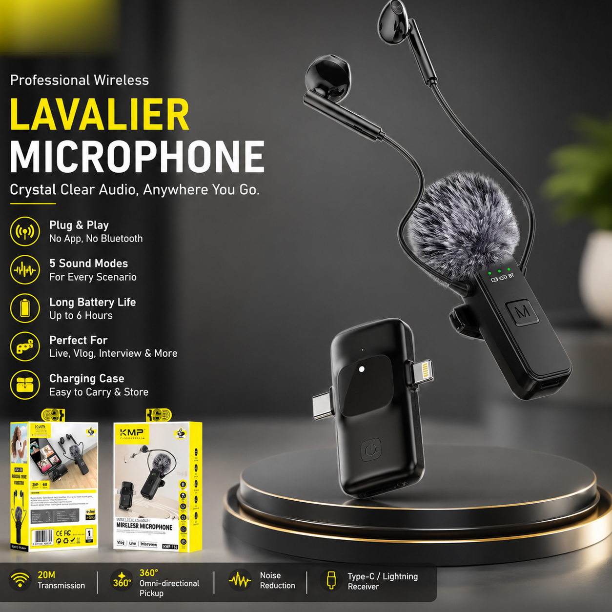 Wireless Lavalier Microphone KMP-153 Noise Reduction Mic for YouTube, Vlogging, Recording | RDGstores - Image 4