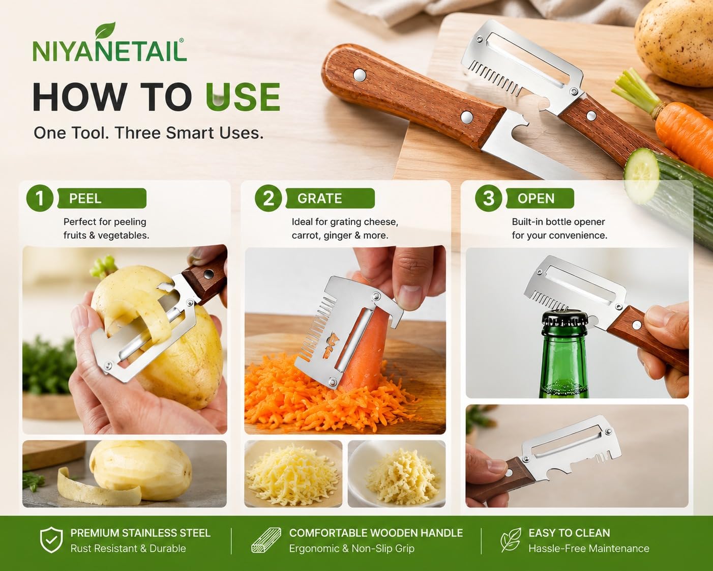 2 Pack Multifunctional Vegetable Peeler for Kitchen 3 in 1 Stainless Steel Peeler with Wooden Handle, Grater & Bottle Opener Fruit & Vegetable Peeler for Potato, Carrot, Apple & Cucumber - Image 2