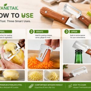 1 Pack Multifunctional Vegetable Peeler for Kitchen 3 in 1 Stainless Steel Fruit & Vegetable Peeler with Wooden Handle, Built-in Grater & Bottle Opener for Potato, Carrot, Apple & Cucumber