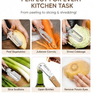 2 Pack Multifunctional Vegetable Peeler for Kitchen 3 in 1 Stainless Steel Peeler with Wooden Handle, Grater & Bottle Opener Fruit & Vegetable Peeler for Potato, Carrot, Apple & Cucumber