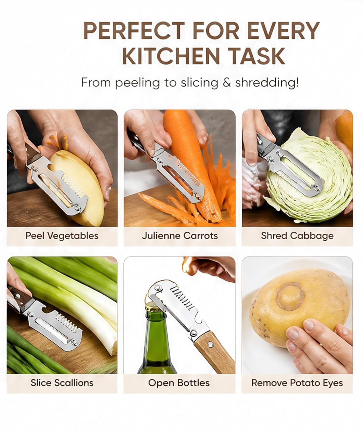 2 Pack Multifunctional Vegetable Peeler for Kitchen 3 in 1 Stainless Steel Peeler with Wooden Handle, Grater & Bottle Opener Fruit & Vegetable Peeler for Potato, Carrot, Apple & Cucumber - Image 4
