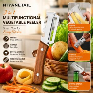 1 Pack Multifunctional Vegetable Peeler for Kitchen 3 in 1 Stainless Steel Fruit & Vegetable Peeler with Wooden Handle, Built-in Grater & Bottle Opener for Potato, Carrot, Apple & Cucumber