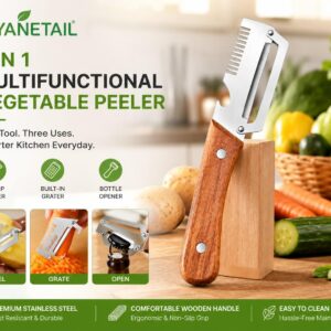 1 Pack Multifunctional Vegetable Peeler for Kitchen 3 in 1 Stainless Steel Fruit & Vegetable Peeler with Wooden Handle, Built-in Grater & Bottle Opener for Potato, Carrot, Apple & Cucumber