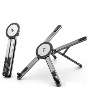Portable Aluminium Laptop Stand Foldable & Height Adjustable, 360° Multi-Angle Desk Stand for Laptop, Tablet, iPad & Mobile, Magnetic Phone Holder for iPhone, Compact Travel Stand (Titanium Grey)