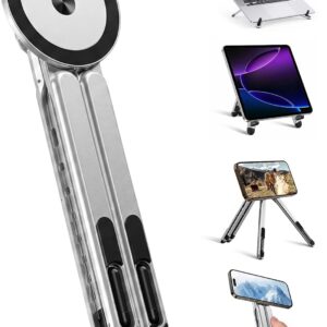 Portable Aluminium Laptop Stand Foldable & Height Adjustable, 360° Multi-Angle Desk Stand for Laptop, Tablet, iPad & Mobile, Magnetic Phone Holder for iPhone, Compact Travel Stand (Titanium Grey)