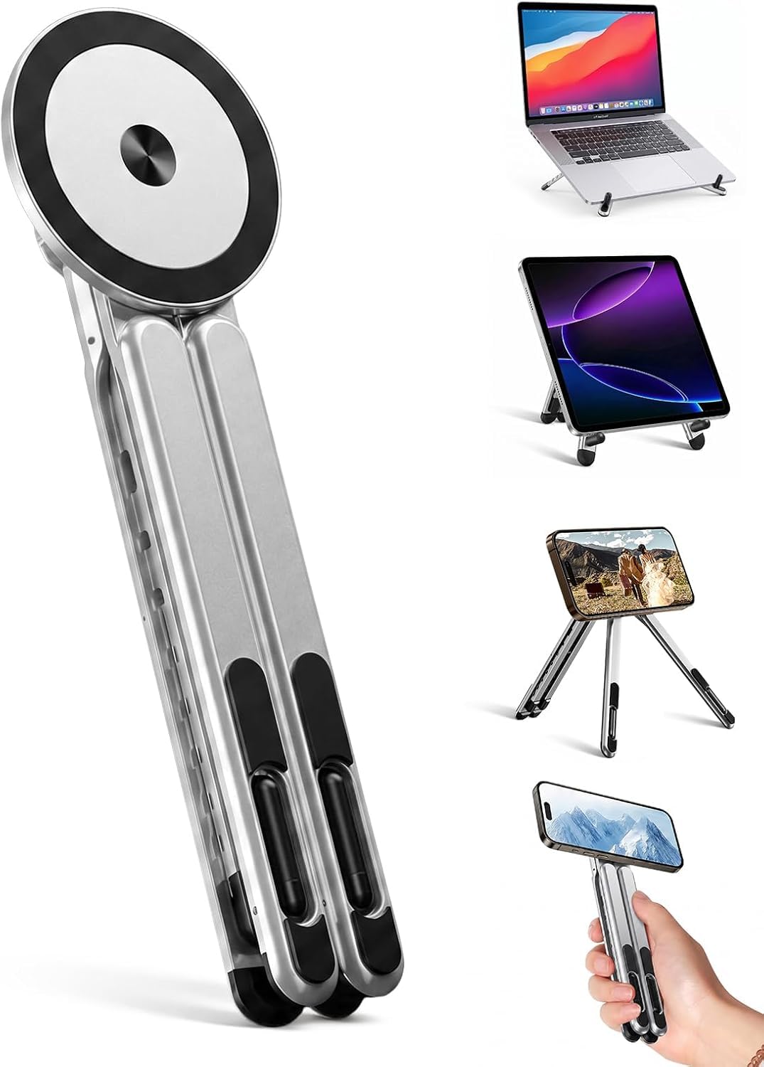 Portable Aluminium Laptop Stand Foldable & Height Adjustable, 360° Multi-Angle Desk Stand for Laptop, Tablet, iPad & Mobile, Magnetic Phone Holder for iPhone, Compact Travel Stand (Titanium Grey) - Image 3