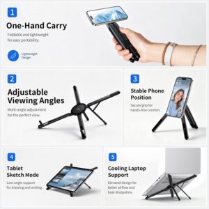 Portable Aluminium Laptop Stand Foldable & Height Adjustable, 360° Multi-Angle Desk Stand for Laptop, Tablet, iPad & Mobile, Magnetic Phone Holder for iPhone, Compact Travel Stand (Titanium Grey)