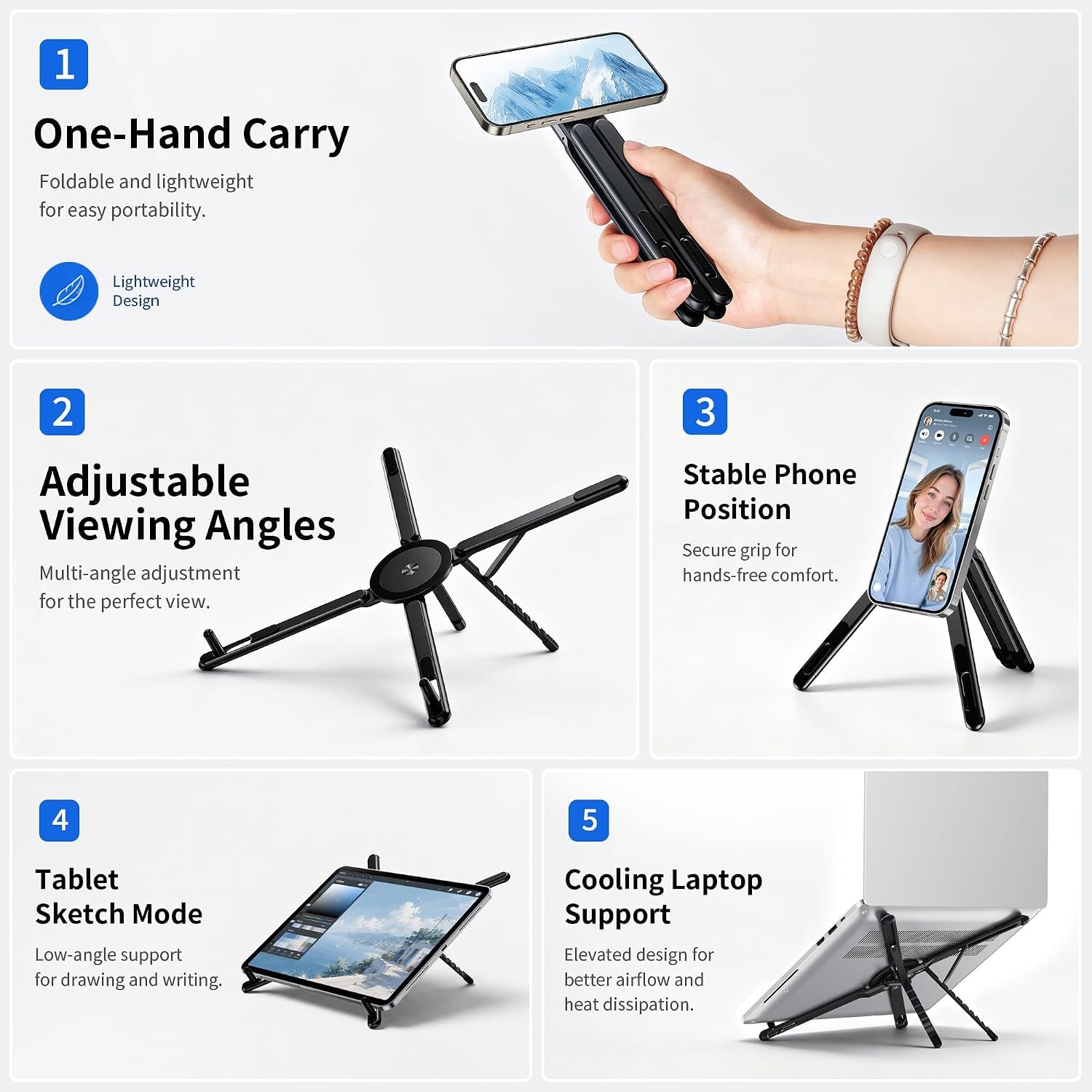Portable Aluminium Laptop Stand Foldable & Height Adjustable, 360° Multi-Angle Desk Stand for Laptop, Tablet, iPad & Mobile, Magnetic Phone Holder for iPhone, Compact Travel Stand (Titanium Grey)