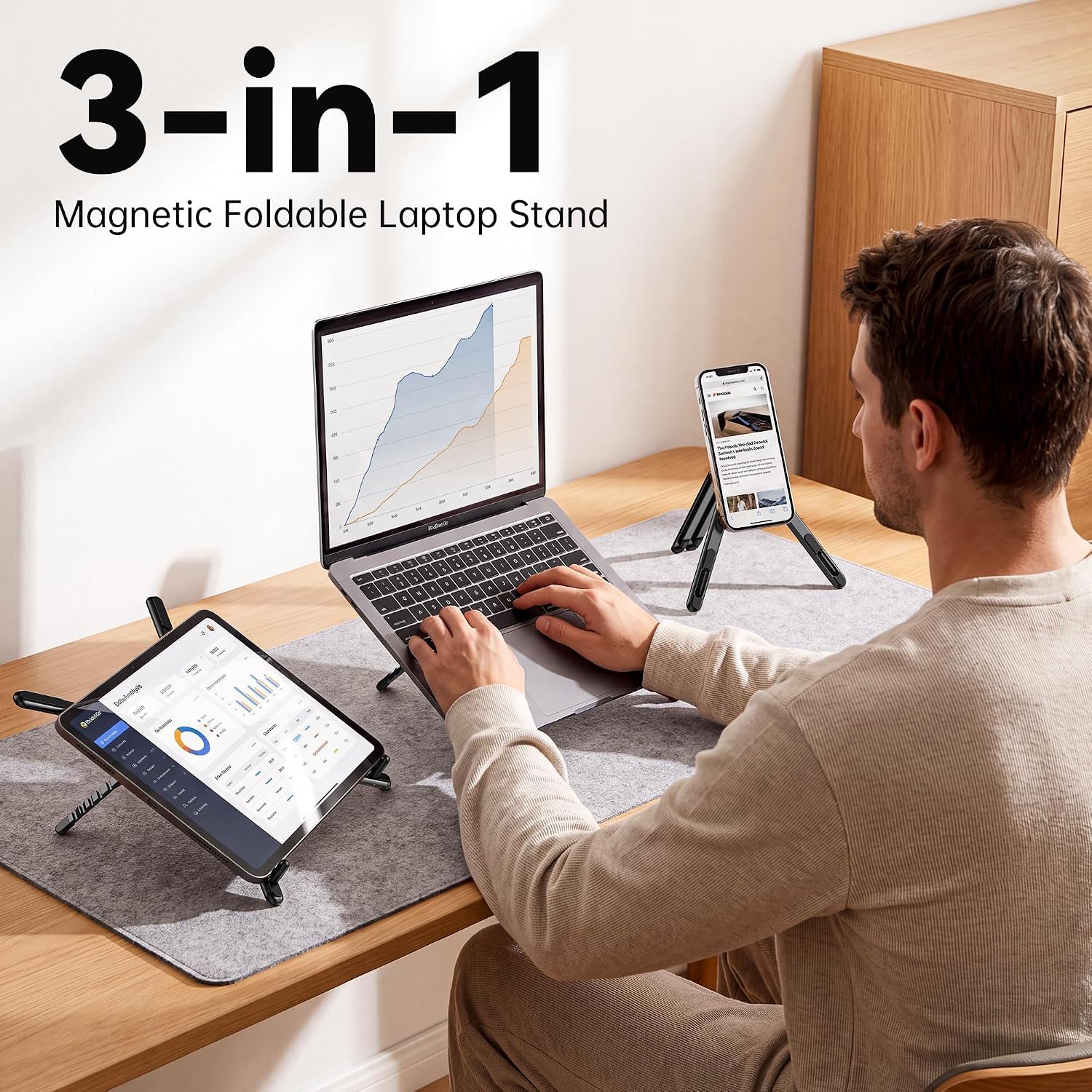 Portable Aluminium Laptop Stand Foldable & Height Adjustable, 360° Multi-Angle Desk Stand for Laptop, Tablet, iPad & Mobile, Magnetic Phone Holder for iPhone, Compact Travel Stand (Titanium Grey) - Image 4