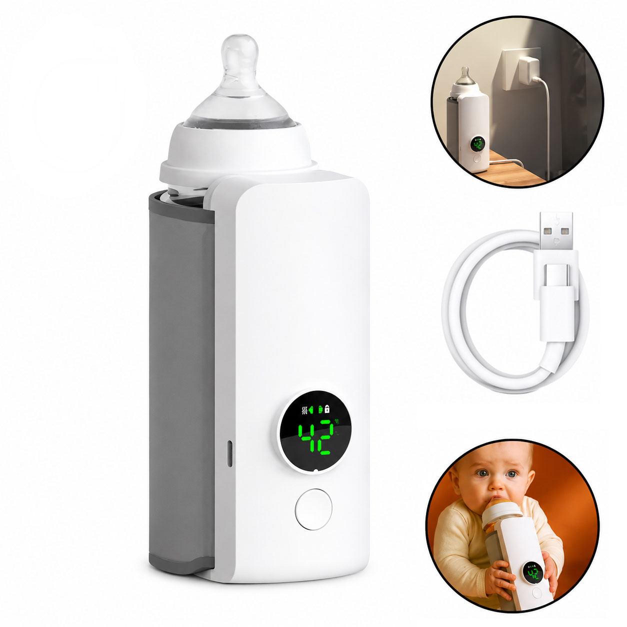 Portable Baby Bottle Warmer, USB Rechargeable Milk Warmer with Digital Temperature Display, Travel Bottle Heater for Breast Milk & Formula, Fast Heating & Safe Use (White) - Image 5