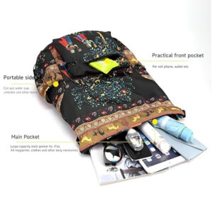 Rajasthani Printed Drawstring Bag for Women and Girls, Lightweight Foldable Backpack with Front Pocket and Adjustable Shoulder Strap for Travel, Shopping and Casual Use