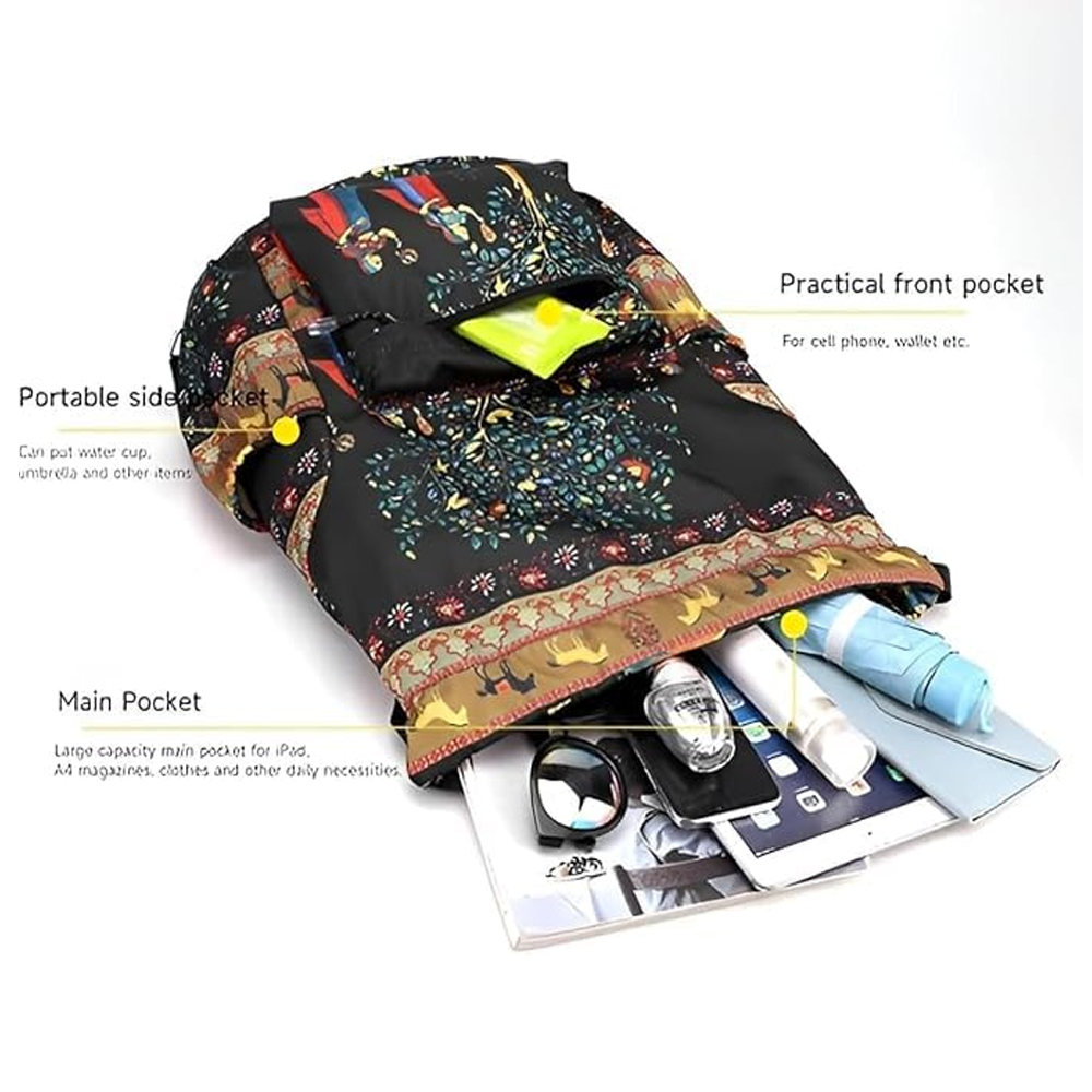 Rajasthani Printed Drawstring Bag for Women and Girls, Lightweight Foldable Backpack with Front Pocket and Adjustable Shoulder Strap for Travel, Shopping and Casual Use - Image 4