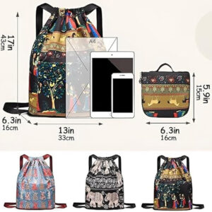 Rajasthani Printed Drawstring Bag for Women and Girls, Lightweight Foldable Backpack with Front Pocket and Adjustable Shoulder Strap for Travel, Shopping and Casual Use