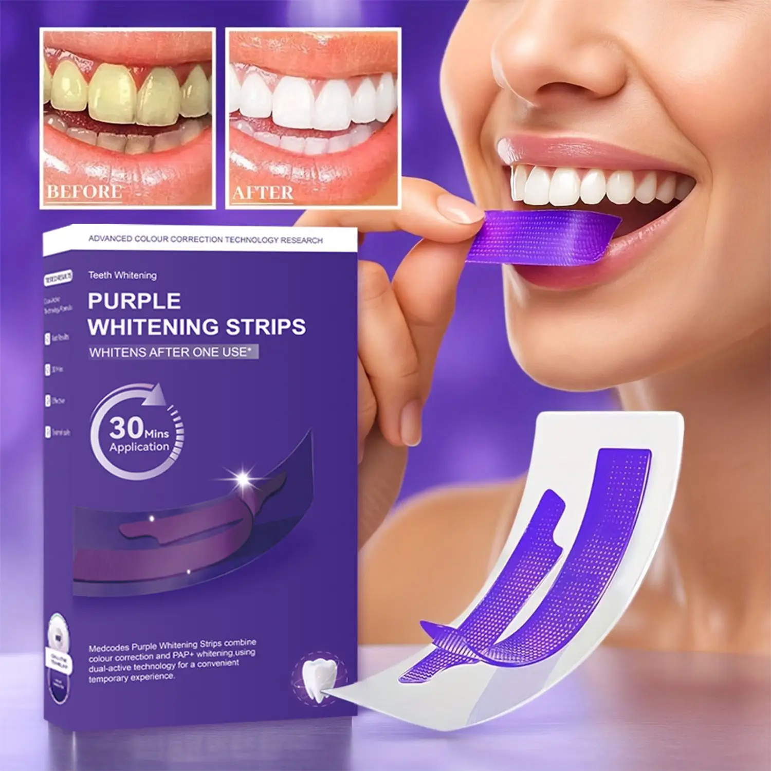 Purple Teeth Whitening Strips | Teeth Treatments 14 Strips | Whitens Teeth in 1 Use | Peroxide & Sensitivity-Free, Enamel-Safe Oral Care | PAP & Hydroxyapatite For Stain Removal | (Purple Teeth Whitening-14 Strips) (7) - Image 2