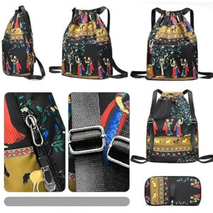 Rajasthani Printed Drawstring Bag for Women and Girls, Lightweight Foldable Backpack with Front Pocket and Adjustable Shoulder Strap for Travel, Shopping and Casual Use