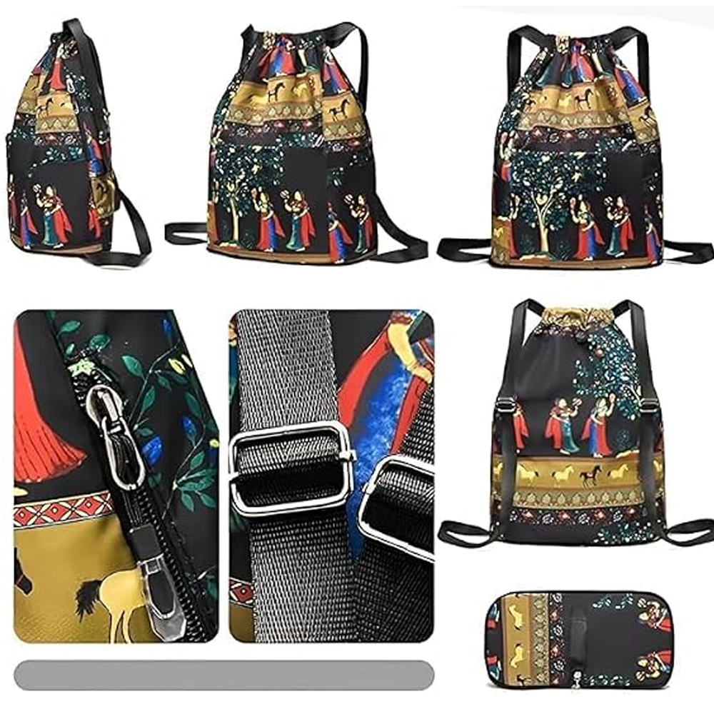 Rajasthani Printed Drawstring Bag for Women and Girls, Lightweight Foldable Backpack with Front Pocket and Adjustable Shoulder Strap for Travel, Shopping and Casual Use - Image 3