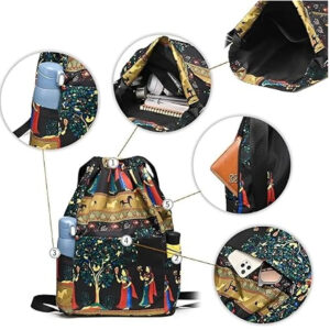 Rajasthani Printed Drawstring Bag for Women and Girls, Lightweight Foldable Backpack with Front Pocket and Adjustable Shoulder Strap for Travel, Shopping and Casual Use