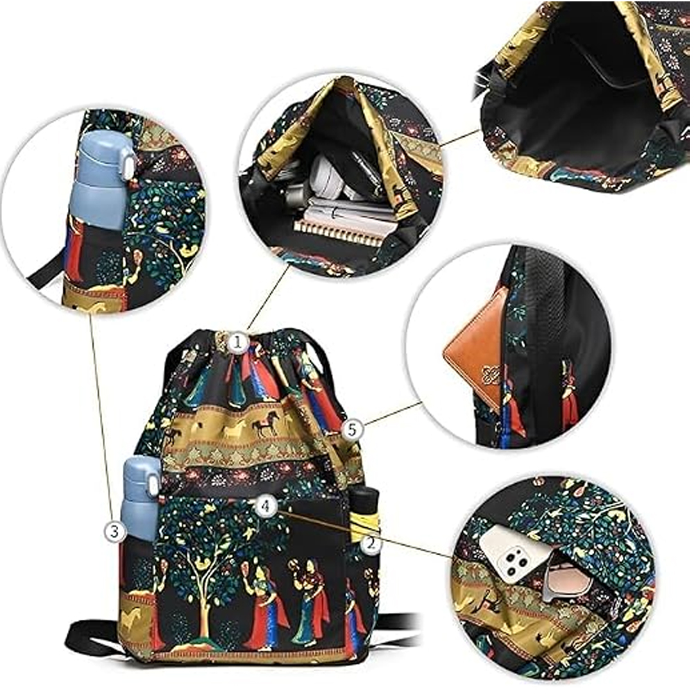 Rajasthani Printed Drawstring Bag for Women and Girls, Lightweight Foldable Backpack with Front Pocket and Adjustable Shoulder Strap for Travel, Shopping and Casual Use - Image 5