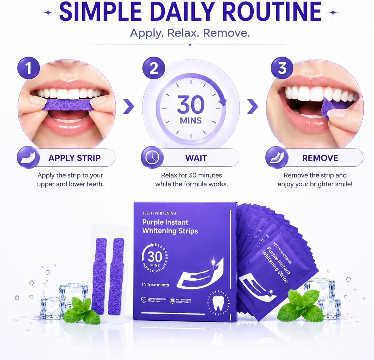 Purple Teeth Whitening Strips | Teeth Treatments 14 Strips | Whitens Teeth in 1 Use | Peroxide & Sensitivity-Free, Enamel-Safe Oral Care | PAP & Hydroxyapatite For Stain Removal | (Purple Teeth Whitening-14 Strips) (7) - Image 3