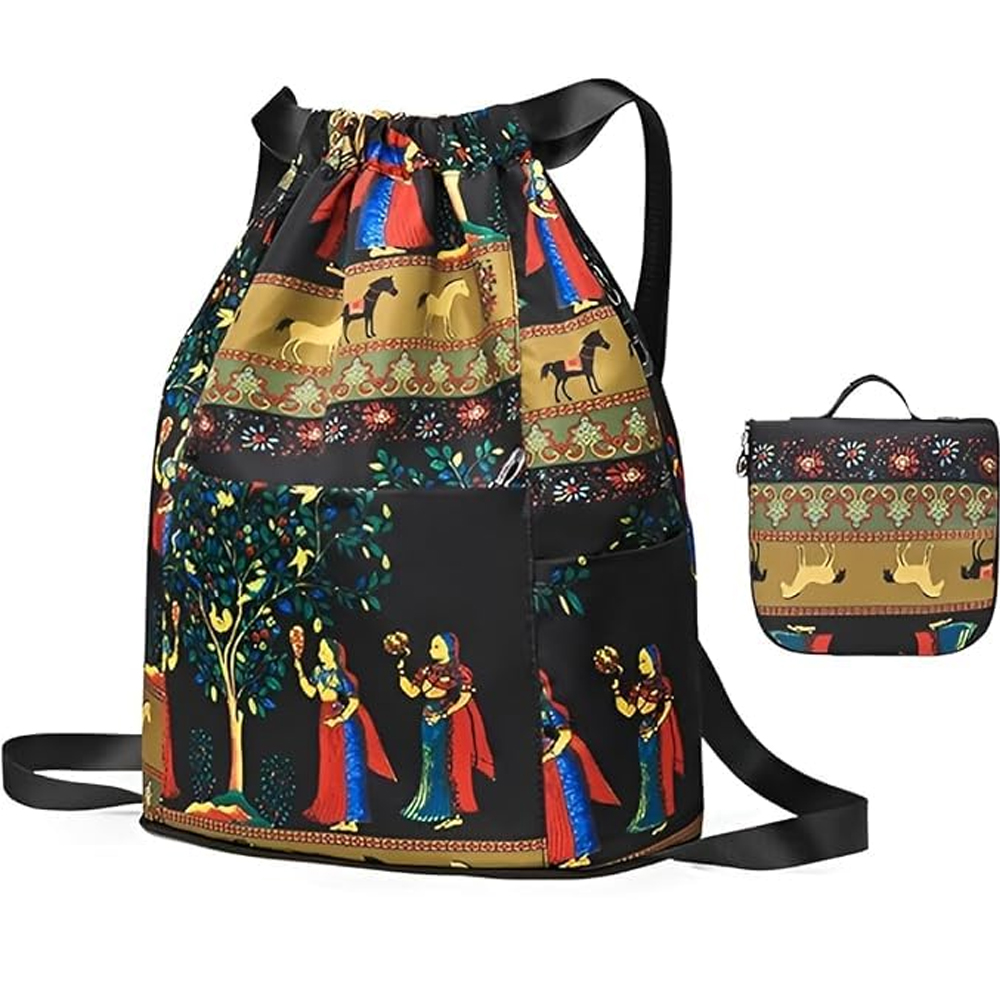 Rajasthani Printed Drawstring Bag for Women and Girls, Lightweight Foldable Backpack with Front Pocket and Adjustable Shoulder Strap for Travel, Shopping and Casual Use