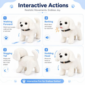 Hopping Walking Dog Toy with Sound, Soft Plush Puppy Figure with Wiggling Ears, Twitching Mouth & Nose, Interactive Pet Toy for Baby & Kids Birthday Gift (1, White)