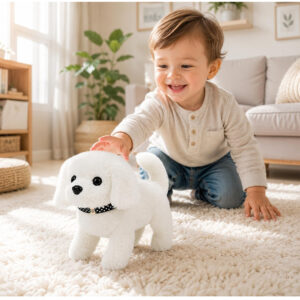 Hopping Walking Dog Toy with Sound, Soft Plush Puppy Figure with Wiggling Ears, Twitching Mouth & Nose, Interactive Pet Toy for Baby & Kids Birthday Gift (1, White)